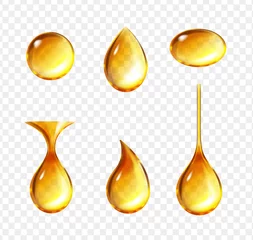 Fotobehang Realistic oil drops. Shine yellow droplets set. Honey liquid drop collection, dripping transparent mashine oil vector. © lightgirl