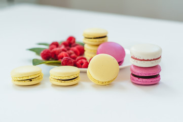 Delicious, multi-colored dessert cakes French macaroons on a white background