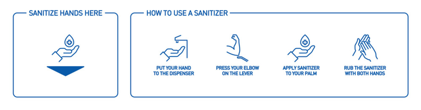 Infographic Illustration Of How To Use Hand Sanitizer Properly. Instructions Using Wall Dispenser Antiseptic For Hand Disinfection: Press Your Elbow On Button Lever, Apply Sanitizer On Palm, Rub Hands