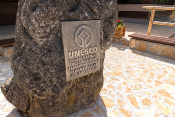 Plitvice/Croatia/May 14th,2020: Unesco world heritage site plaque at Plitvice national park, as Croatia allows public tours easening corona virus restrictive measures