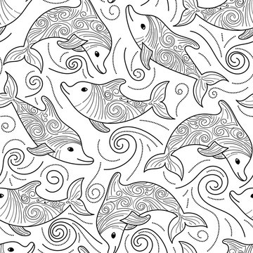 Zentangle stylized set sea animals. Black dolphin isolated on white background. Hand Drawn aquatic doodle vector illustration. Sketch for tattoo or makhenda. Ocean life.