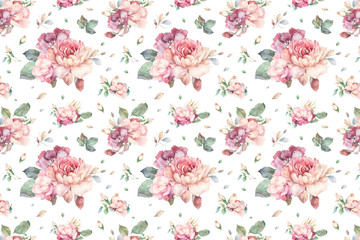 Fototapeta premium Hand drawn watercolor background with red, white and blue roses, peony and lilac flowers and green leaves. Isolated on white background for wedding invite design