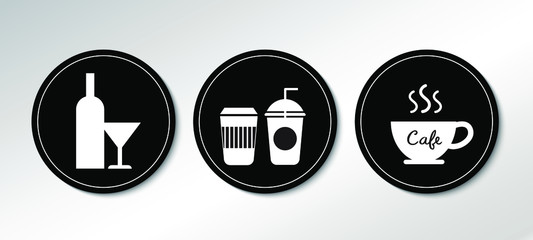 Drinks and Beverages icons, Cafe icons set, Rounded black sign mockup, Vector EPS10.