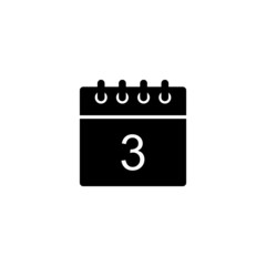 Black calendar icon - day 3. Simple glyph date symbol shape for web design, user interface, events, appointments, meetings.