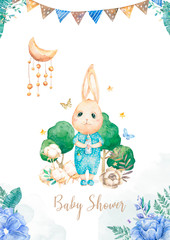 Baby shower bunny invitation card. Hand drawn watercolor bunny with floral background for little Princess