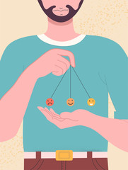 Hand-drawn young man with a mood pendulum. Energy pendulum. Trendy vector illustration.