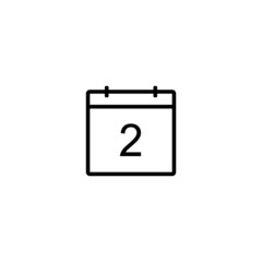 Calendar icon. Day 2. Black line date symbol for web design, user interface, events, appointments, meetings. Simple shape design.