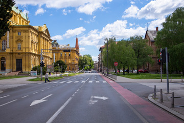 Zagreb/ Croatia-May 02nd, 2020: Almost empty Zagreb city streets, with no vehicles during corona virus restrictive measures