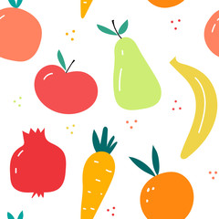 Seamless pattern with fruit. Colorful vector illustration. For design kitchen wallpaper, textile, fabric, paper. Concept of a healthy lifestyle, vegetarianism, farm products.