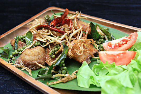 Stir-fried Spicy  Mae khong river fish with Fingerroot 
