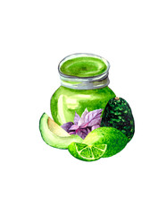 Watercolor delicious composition of green sauce in a glass jar with ingredients, beautifully decorated with a combination of colors and shape. Avocado, Basil and lime are juicy fruits 