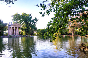 The ruins of Temple of Aesculapius located in the gardens of the Villa Borghese in Rome, Italy.