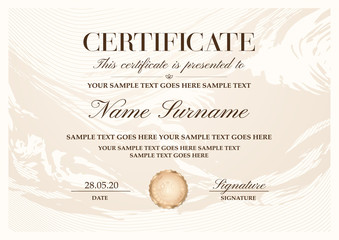 Certificate template with abstract liquid background (marble). Light design with lines (guilloche pattern) useful for Diploma, achievement and any award