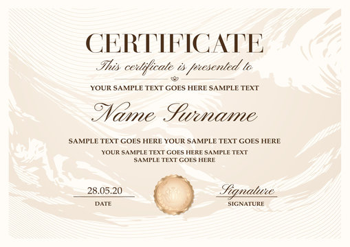 Certificate template with abstract liquid background (marble). Light design with lines (guilloche pattern) useful for Diploma, achievement and any award