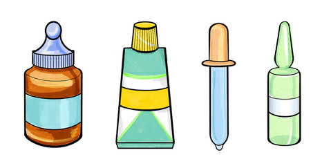 Medical pills and bottles icons set on white background. Hand drawn elements