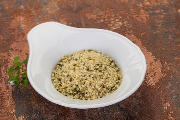 Peeled hemp seeds in the bowl