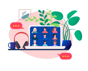 illustration of icons for video Conferences with laptop screen and headphones. Flat vector illustration eps10. Concept of social distancing, business discussion remote