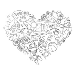 Icons of black and white colors of travel, resort, diving and recreation laid out in the form of a heart isolated on white background