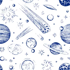 Stof per meter Hand getekende vector naadloze patroon. Penschets van ruimtevoorwerpen. Achtergrond van kometen, planeten, sterren, asteroïden. Voor design print, wrap, stof, textiel, papier, decor. Blauw contour abstract behang © Olga Sayuk