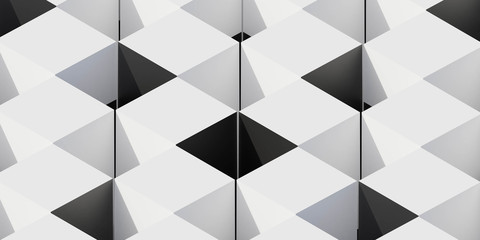Black and white mosaic tiles geometric cube pattern 3d rendering illustration