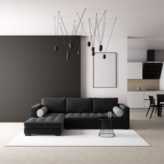 Black sofa and kitchen. 3d render