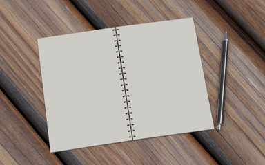 Open blank note book on wooden desk with pen and copy space empty blank to add your content 3d render illustration