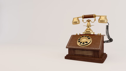 Vintage gold analog telephone and wood box with leather isolated on grey background.3d rendering