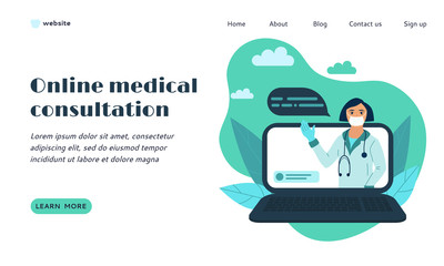 Online Medical Consultation Web Page Template. Doctor Giving Advice to the Patient Over Internet Using Laptop. Online Medicine and Medical Diagnostic Concept. Modern Flat Style Vector Illustration.