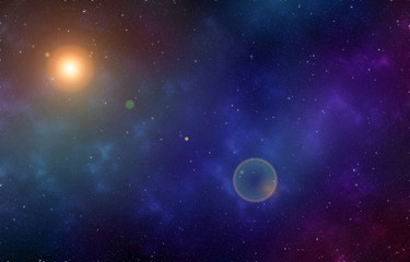 Obraz na płótnie Canvas Starry night sky space background with nebula in deep space and lens flare.