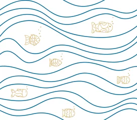 Papier peint Vagues de la mer Motif blanc sans couture avec poissons dessinés et vagues. Fond de mer abstraite de vecteur. Dessin de bébé simple, papier peint, texture.