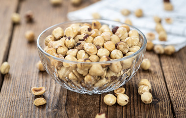 Peeled Hazelnuts (close up shot; selective focus)