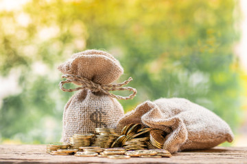 Gold coin vertically aligned in the growth direction and money bag placed on wooden floor, Financial planning or savings for future spending concept.