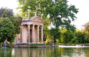The ruins of Temple of Aesculapius located in the gardens of the Villa Borghese in Rome, Italy.