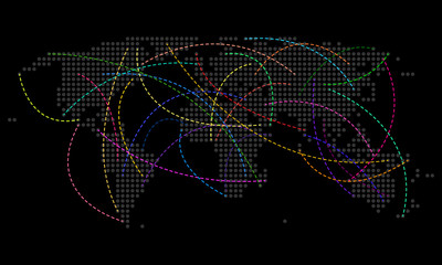 World dotted map with color ways. Black background. Vector transportation travel connection graphic.