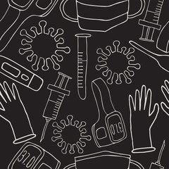 Vector seamless lined inverted pattern of medical set, including electric and infrared thermometer, gloves, syringe, test tube and virus cells. Perfect for backgrounds, banners, badges, advertisements
