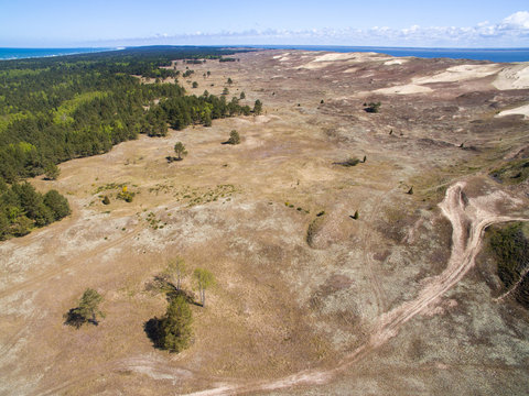 Aerial view with dunes, forest and sea in Curonian spit on a sunny day photographed with a drone. The Curonian Spit lagoon. Gray Dunes, Dead Dunes. Nida, Neringa, Juodkrante, Preila, Pervalka