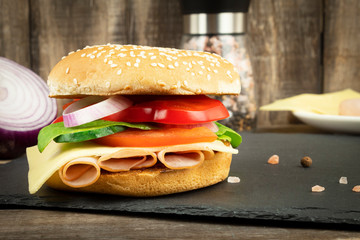 Ham and Cheese Hamburger Side View
