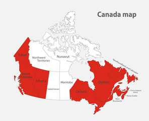 Map of the Canada in the colors of the flag with administrative divisions vector