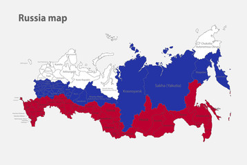 Map of the Russia in the colors of the flag with administrative divisions vector