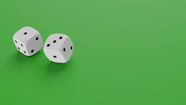Two dices falling to green table. Gambling and casino concept. 3D rendering footage.