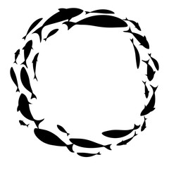 Fototapeta na wymiar Black fish wreath. Circle school of fish. Vector illustration.