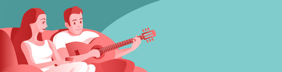 Young married couple are sitting on the couch. A man plays music on a guitar, a girl listens with pleasure. Vector illustration banner with place for text.