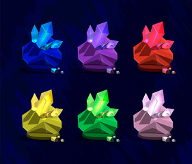 A set of magic icons for casual fantasy games. Multi-colored iridescent crystals in a cartoon style. Fancy natural stones for a fantastic world. Isolated vector objects on a dark blue background. 
