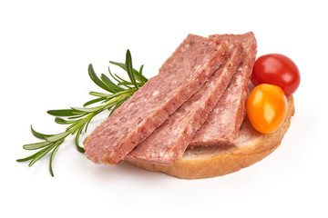 Sandwich with canned stew, isolated on white background