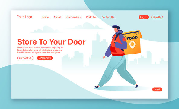 Delivery Service Concept For Landing Page Template. Flat Cartoon Character Courier Delivers Package To Customer. Delivery Of Food, Household And Personal Items.