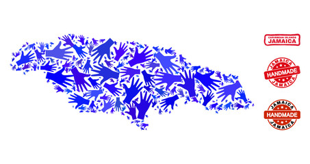 Vector handmade composition of Jamaica map and corroded stamp seals. Mosaic Jamaica map is made of random blue hands. Rounded and wry red stamp imprints with grunge rubber texture.