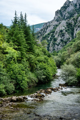 Fototapeta na wymiar Treska river in the western part of North Macedonia, a right tributary to Vardar, just below Matka Canyon and Dam -well known for kayak competitions