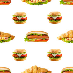 Burger, hotdog, sandwich seamless continuous Pattern Background Design. fast food, Isolated on White Background