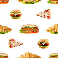 Burger, hotdog, sandwich and pizza seamless continuous Pattern Background Design. fast food, Isolated on White Background