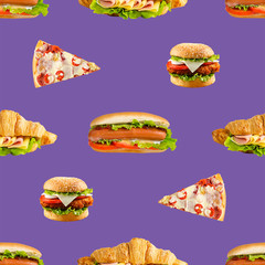 Burger, hotdog, sandwich and pizza seamless continuous Pattern Background Design. fast food, Isolated on White Background